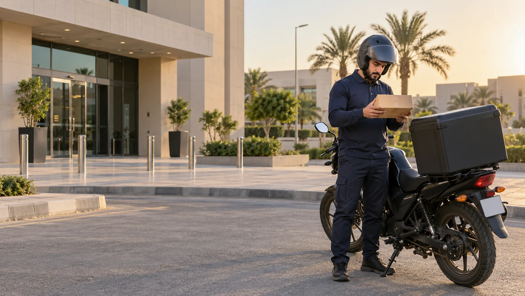 Illustrative delivery rider checking an unmarked parcel beside a parked motorcycle outside a Dammam office