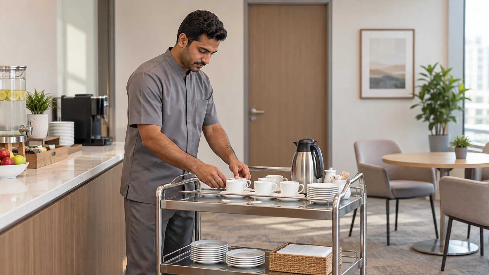 Illustrative pantry attendant arranging cups on a refreshment trolley for a Dammam office